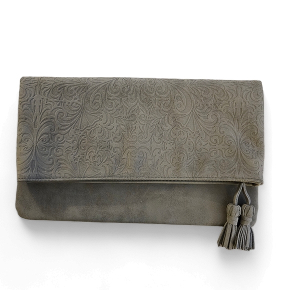 ION Color Brilliance Gray Suede-like Embossed Foldover Clutch Purse Bag - Picture 1 of 11